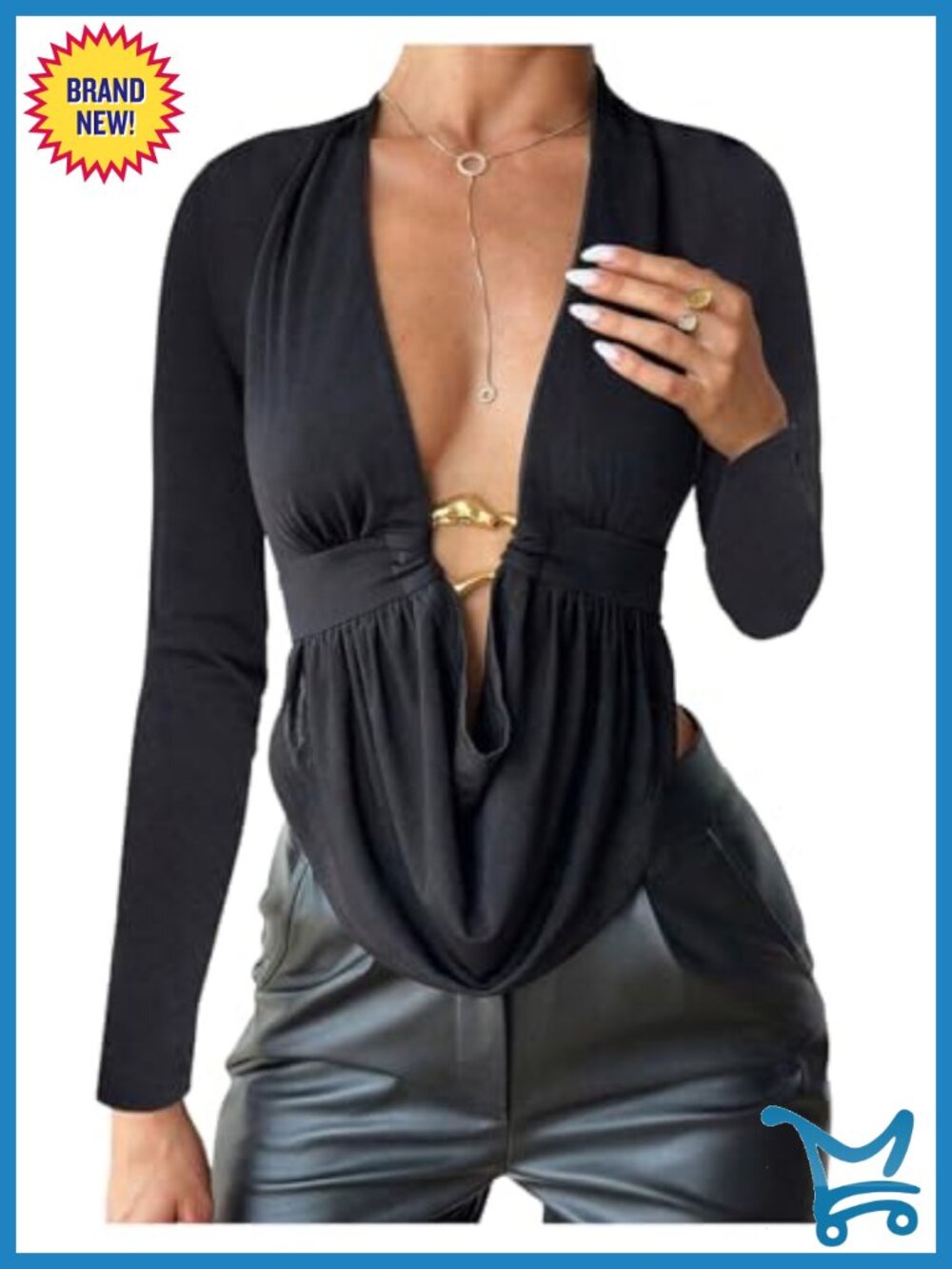 Women's V Neck Long Sleeve Ruched Draped Asymmetrical T Shirt Top